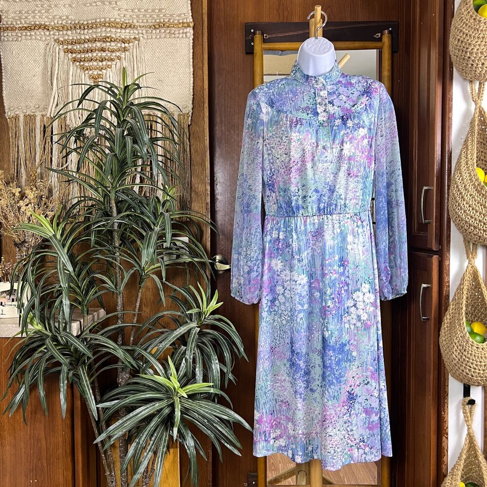 Vintage Lady Carol Floral Midi Dress 12 Blue Purple Watercolor USA Union Made